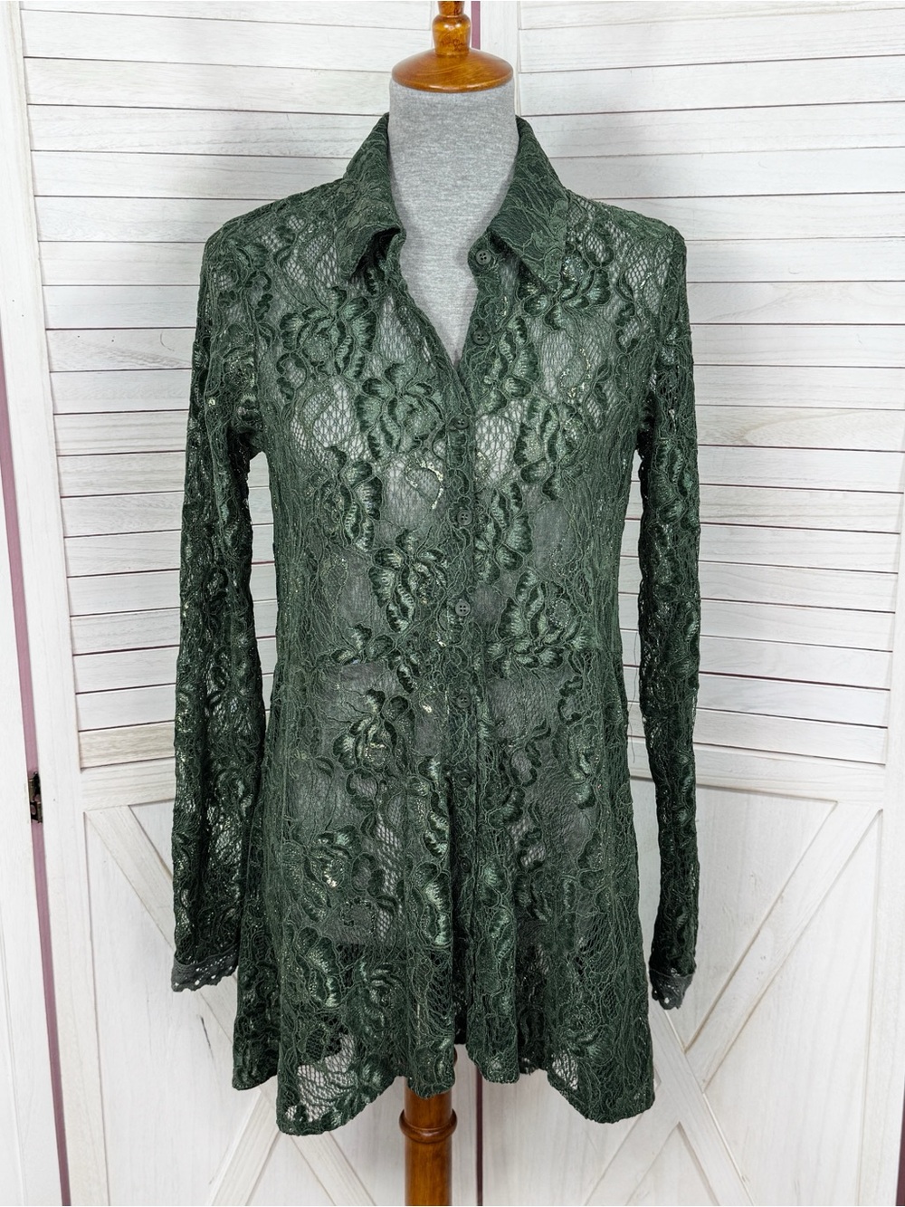 Mystree‎ Floral Lace Velvet High Lo Button Up Tunic Blouse Green Small Gothic
